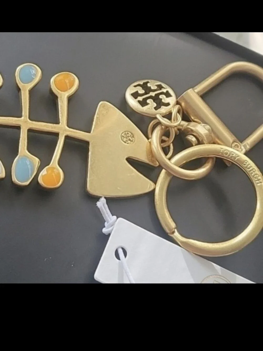 Tory Burch Gold Tone Multicolor Enamel Fishbone Keychain